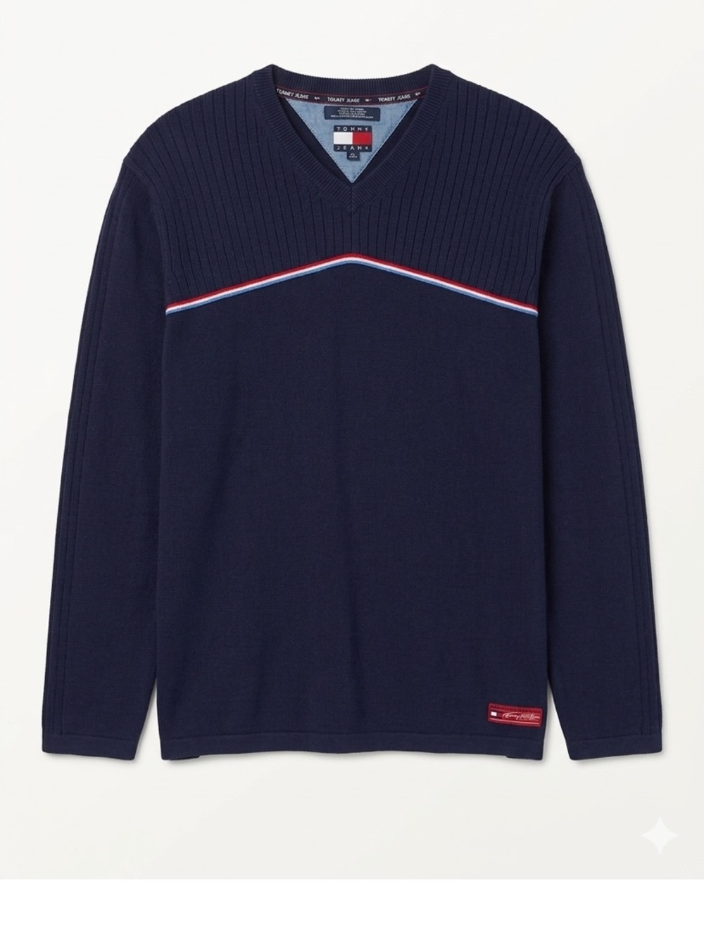 Tommy Hilfiger Navy V-Neck Sweater with Red & White Stripe Trim